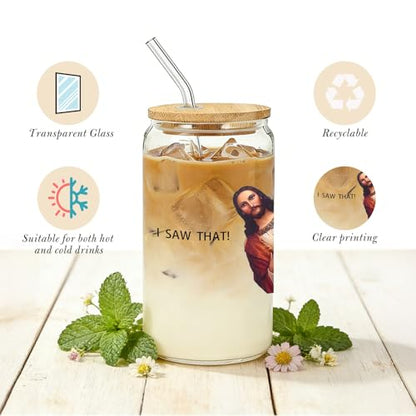 IWXYI I Saw That Glass Cup with Lids and Straws 14oz, Funny Gifts for Women Men Friends, I Saw That Iced Coffee Tea Drinking Glasses with Cleaning Brush - color: Funny