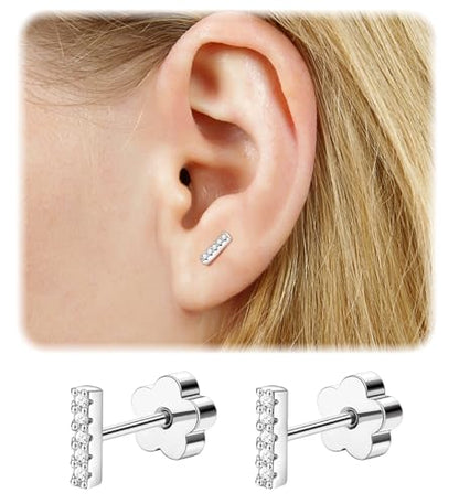 14K Gold Plated Small Stud Earrings for Girls Women Hypoallergenic Surgical Steel Cartilage Flat Back Stud Earrings CZ Cross Dot Bar Heart Handmade Screw Back Earrings Studs - color: Silver, style: Bar