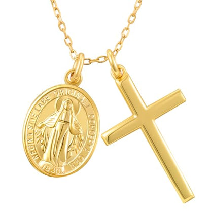925 Miraculous Medal Necklace for Women, 18K Gold Virgin Mary Cross Pendant - color: Gold