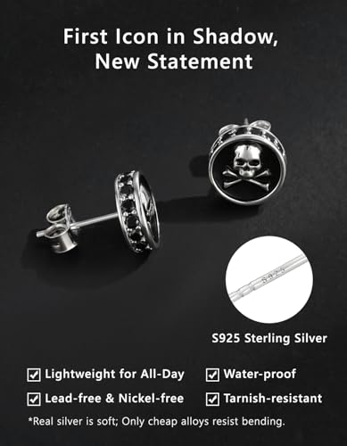 KRKC&CO Earrings for Men, Sterling Silver Earrings Studs, Hypoallergenic - color: Black D