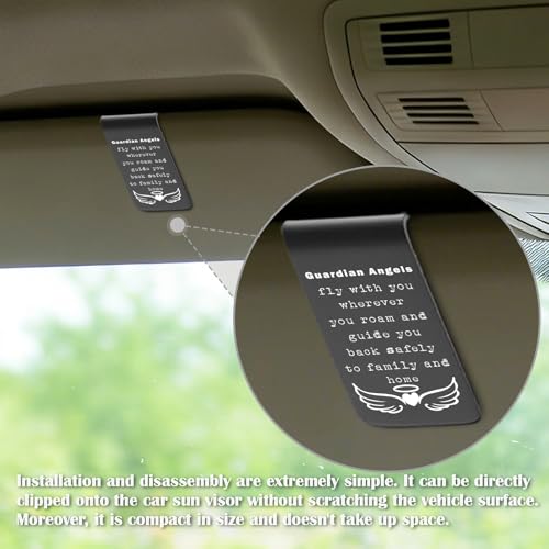 YODOCAMP Guardian Angel Car Visor Clip Stainless Steel, Drive Safe Reminder Gift, Angels Fly with You Wherever You Go Engraved Message, Religious Car Accessory TZC192 - color: Black-C192