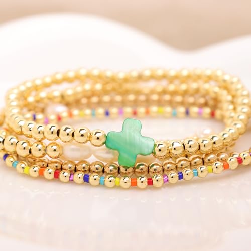 Gold Pearl Beaded Cross Bracelets Stack Set for Women, Boho Handmade Colorful Small Beads Stretchable Jewelry Friendship Summer Trendy Gift. - color: green