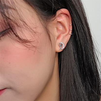 Silver Angel Wing Earrings for Women, Cute Moon Studs