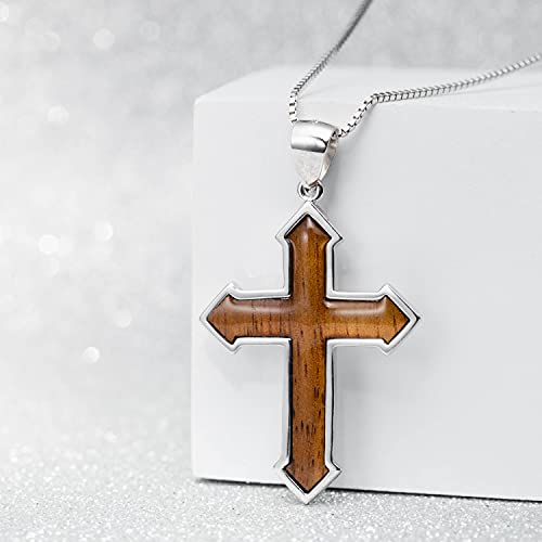 Sterling Silver Koa Wood Inlay Cross Crucifix Necklace Pendant with 18" Box Chain, Nickel Free Hypoallergenic for Sensitive Skin, Gift Box Included - color: Pointed Cross