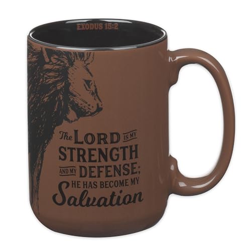 Christian Art Gifts Large Inspirational Ceramic Microwave & Dishwasher Safe Coffee & Tea Scripture Mug for Men & Women: Lord is My Strength Encouraging Bible Verse, Lion Design, Brown & Black, 14 oz. - color: Brown Lion/Lord is My Strength