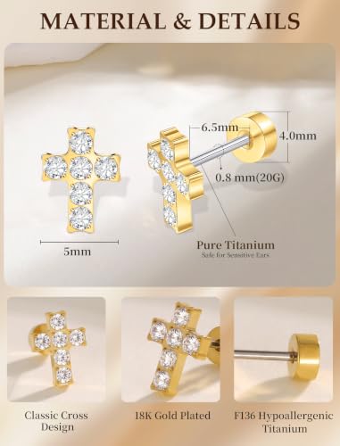 Limerencia Titanium Stud Earrings, Cross Earrings for Sensitive Ears - color: Gold +Screw Back with CZ