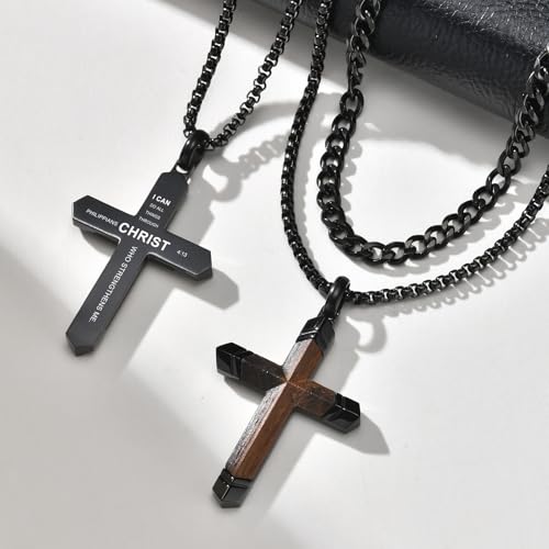 FLHEART Wooden Cross Bible Verse Necklace for Men, Hawaiian Handmade Real Black Ebony Wood Cross Pendant Stainless Steel Chain, Mens Cross Necklaces Koa Wood Jewelry Christian Baptism Easter Gifts - style: Joshua 1:9 - 2pcs