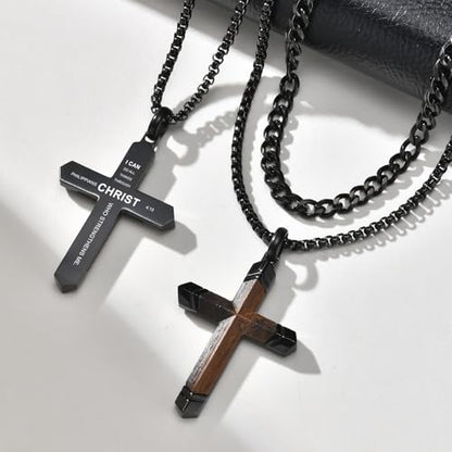 FLHEART Wooden Cross Bible Verse Necklace for Men, Hawaiian Handmade Real Black Ebony Wood Cross Pendant Stainless Steel Chain, Mens Cross Necklaces Koa Wood Jewelry Christian Baptism Easter Gifts - style: Joshua 1:9 - 2pcs