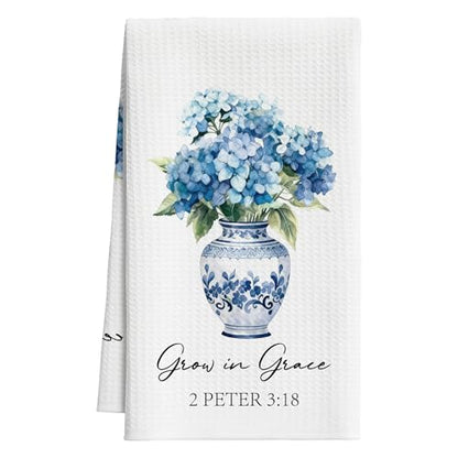 Christian Floral Kitchen Towels, Blue White Porcelain Hydrangea Towel, 06 - color: Blue Spring Hydrangea