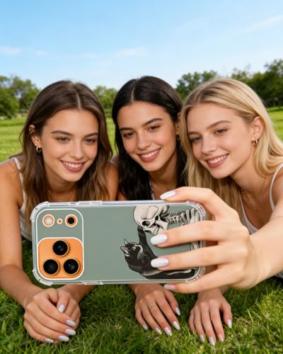 Cat and Skull Phone Case Compatible with iPhone 17 Pro, Hippie Creepy Black Cat and Skeleton Phone Cover for iPhone 17 Pro - color: Cat and Skull