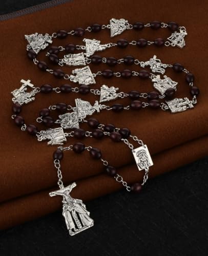 14 Stations of Cross Pendant Chaplet Rosary Necklace 7x9mm Wooden Prayer Beads Chain Sacraments Jewelry