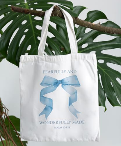 Coquette Bow Bible Canvas Tote Bag for Women Teens Teen Girls, Pink Bow Girls Tote Bag, Coquette Gifts - color: Blue Bow Bible