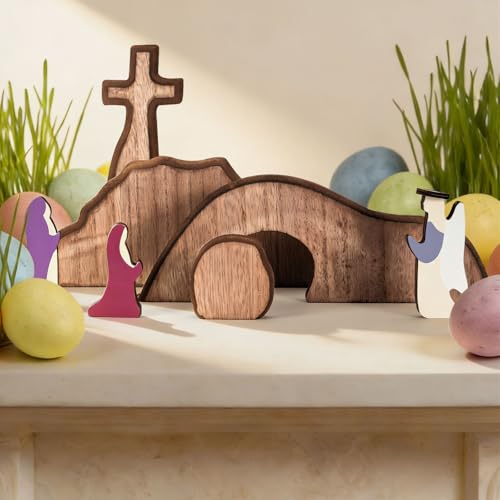 JarThenaAMCS Empty Tomb Easter Table Scene and Cross Decoration Wooden Jesus Nativity Scene He is Risen Centerpiece for Christian Party Home Tabletop Tray Decor, Set of 7 Pcs
