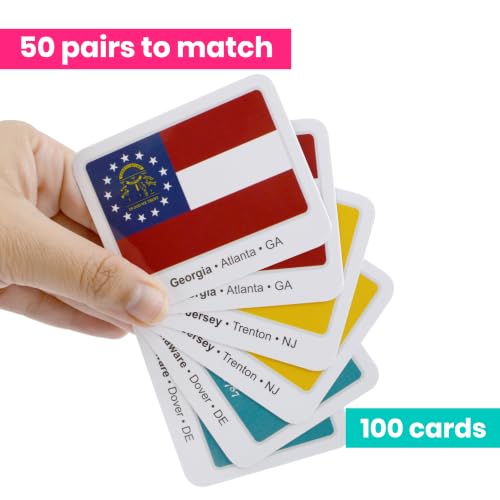 Menique U.S. States Flags Memory Matching Game – 100 Cards, 50 States and Capitals – Flashcards – Learn Flags & Abbreviations – Kids and Adults - style: U.S. States Flags