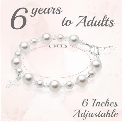 Baby Crystals Sterling Silver Cross Charm | White Pearl Baptism Bracelet - style: 6 years – Adults Adjustable