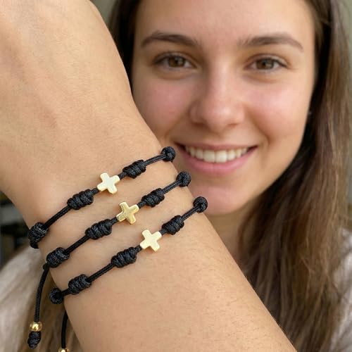 7 Knots Protection Good Luck Red String Rope Gold Cross Bracelet for Women Men, 3Pcs stack Evil Eye Handmade Amulet Adjustable Jewelry, God Christ Pray Friendship Gift - color: Black Cross
