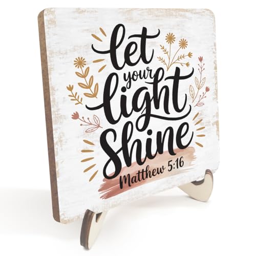 Christian Gifts Desk Decor Rustic Wood Sign, Boho Faith Religious Gift Bible Verse Quotes Decorative Desk Accessories for Home Bedroom Decor Office Accessories Bohemian Floral Table Shelf Wooden Sign - color: YourLightShine