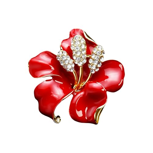 Elegant Enamel Orchid Brooch Crystal Rhinestone Floral Lapel Pin Gold Silver Tone Statement Accessory for Wedding Party Banquet Dress Scarf Suit - color: Red