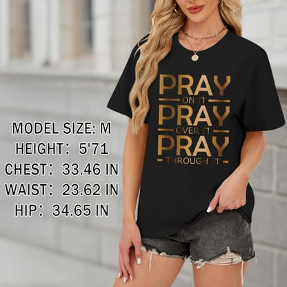 Tuislay Christian Shirts for Women Pray On It Pray Over It Pray Through It T Shirt Faith Graphic Tees Jesus Religious Tshirts - color: Black, size: XX-Large