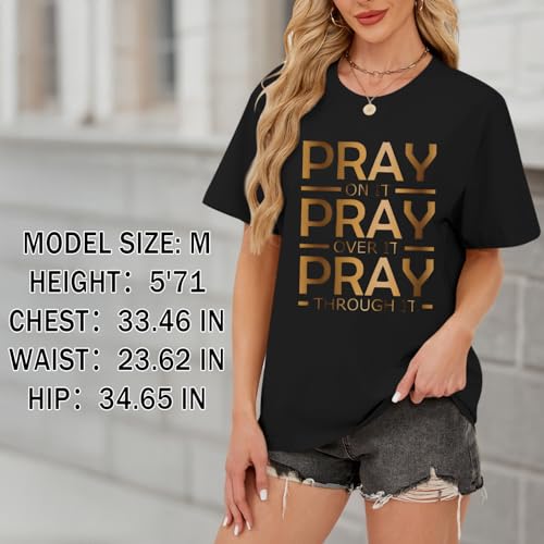 Tuislay Christian Shirts for Women Pray On It Pray Over It Pray Through It T Shirt Faith Graphic Tees Jesus Religious Tshirts - color: Black, size: X-Large