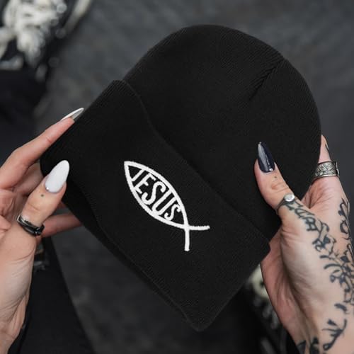 Christian Jesus Fish Beanie Hat for Men Women, Cuffed Beanie Jesus Hats, Religious Gifts for Christmas, New Years - color: Black, style: Jesus Fish