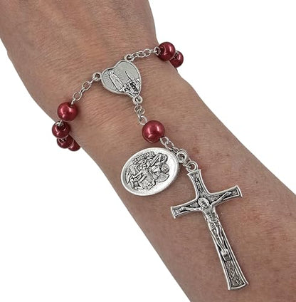 TALISMAN4U St. Michael Guardian Angel Medal Rosary for Car Rearview Mirror - color: Red Rosary Beads