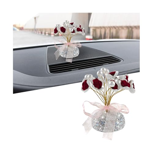 Bling Car Dashboard Ornaments, Crystal Rhinestones Cute Romantic Vehicle Pearl Rose Decoration for Dash, Auto Interior Flower Decor Accessories, Universal for SUV Sedan Truck (Red) - color: Red