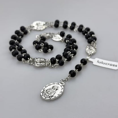 Seven Sorrows of Mary Rosary Wooden Beads Catholic Jewelry Necklace for Pray - color: Black