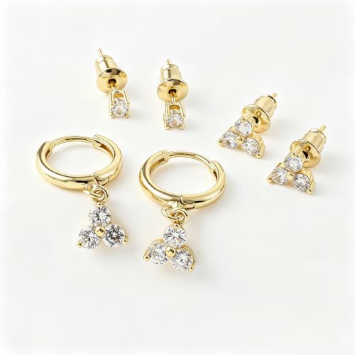 SHERLOVE Gold Earring Stacks Women 3Pairs Dangle Stud Huggie Hoop Set - color: 3 Pairs-Triple CZ 01 Stud Gold