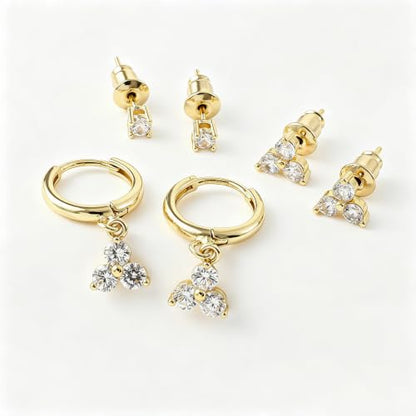 SHERLOVE Gold Earring Stacks Women 3Pairs Dangle Stud Huggie Hoop Set - color: 3 Pairs-Triple CZ 01 Stud Gold