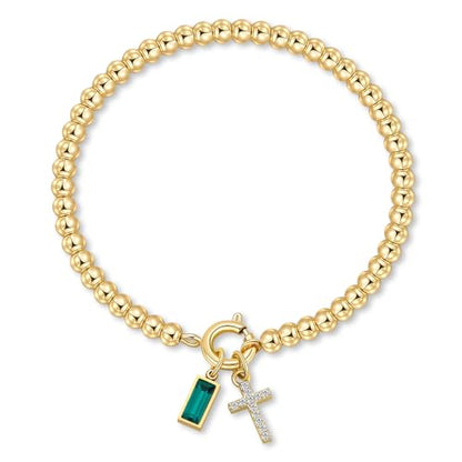 Korotho Cross Birthstone Bracelet for Women - Dainty Elastic 14K Gold Plated Bead Bracelets Trendy Waterproof Non Tarnish Birthday Jewelry Gifts Birthday Christmas Stocking Stuffer for Mom Friends - color: 05-May(Emerald)