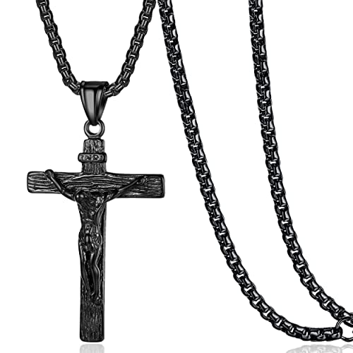 Jesus Christ on INRI Crucifix Cross Pendant Necklace for Teens Women Men - color: Black