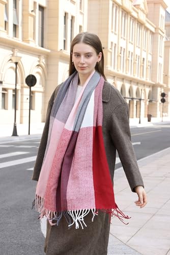 Wander Agio Women's Fashion Long Shawl Big Grid Winter Warm Lattice Large Scarf - color: Pink Black Red 18