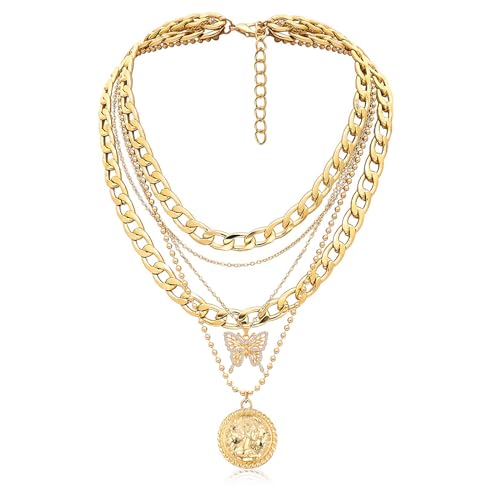 MJartoria Layered Necklaces for Women Trendy Retro Coin Pendant - color: Golden, style: A-X-Hollow Butterfly-5 in 1 Layered