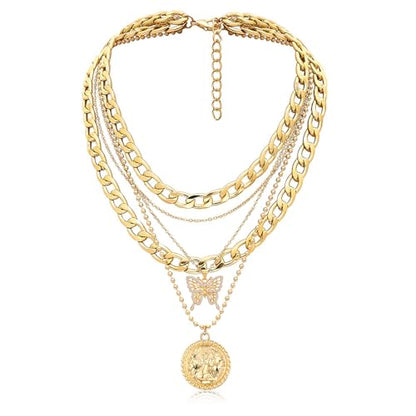 MJartoria Layered Necklaces for Women Trendy Retro Coin Pendant - color: Golden, style: A-X-Hollow Butterfly-5 in 1 Layered