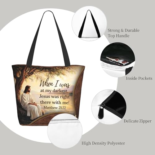 Tote Bag For Women, Tote Bag With Zipper Large Shoulder Bag For Women Travel, Work, Office, College, Nursing - color: Jesus Bible