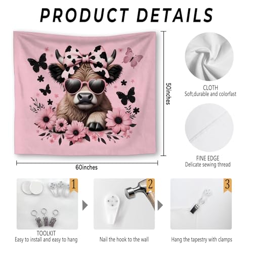 Foritho Pink Floral Butterfly Cow Tapestry, Coquette Pink Bow Cow Trendy Tapestry Wall Hanging, Cute Heifer Aesthetic Wall Tapestries for Girls Room Bedroom Dorm Home Decor, 50x60 Inch - color: Color 11