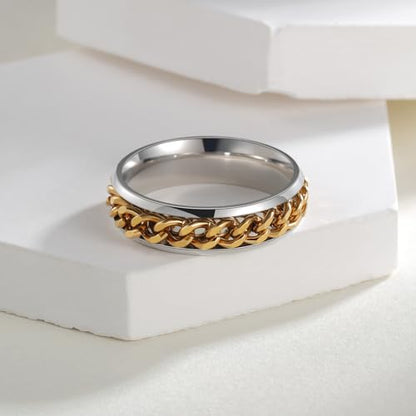 Mens Fidget Rings Anxiety Ring for Men 6mm 8mm Chain Spinner Ring Size 5-14 - color: Titanium Silver Gold