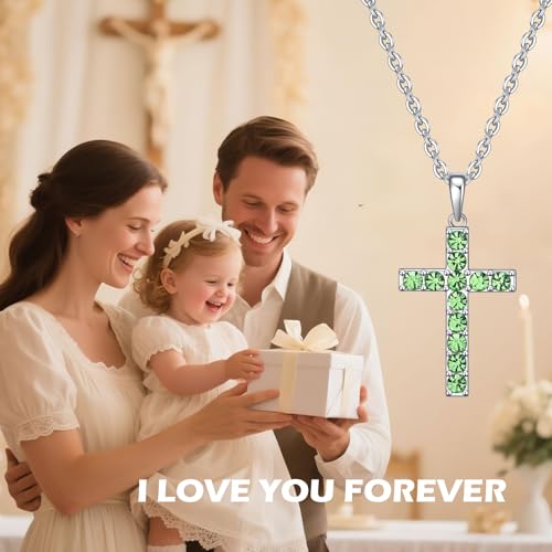 Birthstone Cross Necklace for Women,First Communion Gifts Easter Baptism Cross Jewelry Pendant Gift - color: 08August-Peridot Green