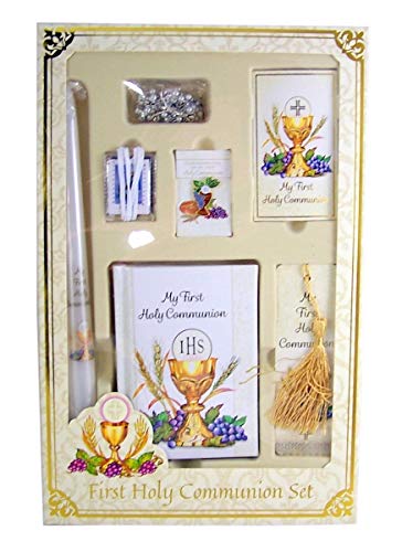 Christian Brands My First Holy Communion Deluxe 7-Piece Set Bread of Life Boxed Gift with Mass Book| Rosary| Scapular| Lapel Pin| Bookmark| Holy Card| Candle, for Girls