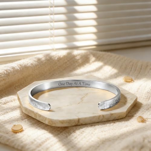 Inspirational Bible Verse Cuff Bracelet for Women, 18K Gold Plated Hammered Bangle, Christian Faith Jewelry Gift, Adjustable Non Tarnish - color: ONE DAY AT A TIME-Hammered Silver