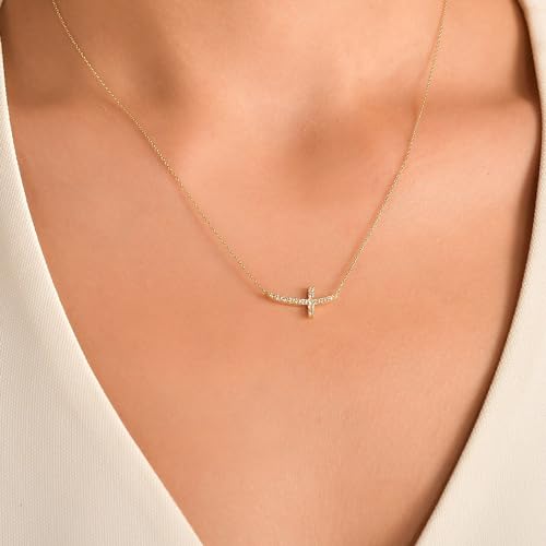 MONOZO Dainty 14K Gold Plated Cross Necklace for Women Jewelry Gifts Trendy - color: Gold - Sideway Diamond Cross