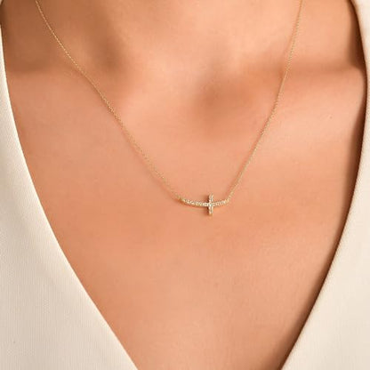 MONOZO Dainty 14K Gold Plated Cross Necklace for Women Jewelry Gifts Trendy - color: Gold - Sideway Diamond Cross