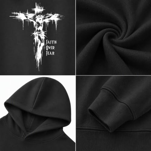 BINTEHGS Faith Over Fear Hoodie Christian Religious Hoodies for Men Oversized Cross Graphic Sweatshirts Jesus God Pullover - color: Black, size: Small