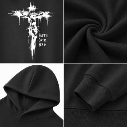 BINTEHGS Faith Over Fear Hoodie Christian Religious Hoodies for Men Oversized Cross Graphic Sweatshirts Jesus God Pullover - color: Black, size: Small