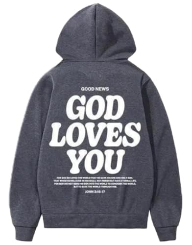 God Loves You Hoodie Christian Faith Bible Verse Religious Sweatshirt Cross Men Women Pullover Tops - color: Gray, size: Large