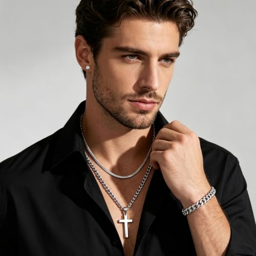 NEWITIN 37 Pieces Silver Jewelry Set for Men Stainless Steel Cross Jewelry - color: Silver
