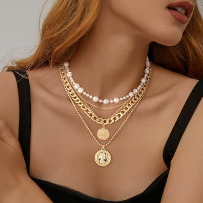 MJartoria Layered Necklaces for Women Trendy Retro Coin Pendant - color: Golden, style: Pearl-3PCS