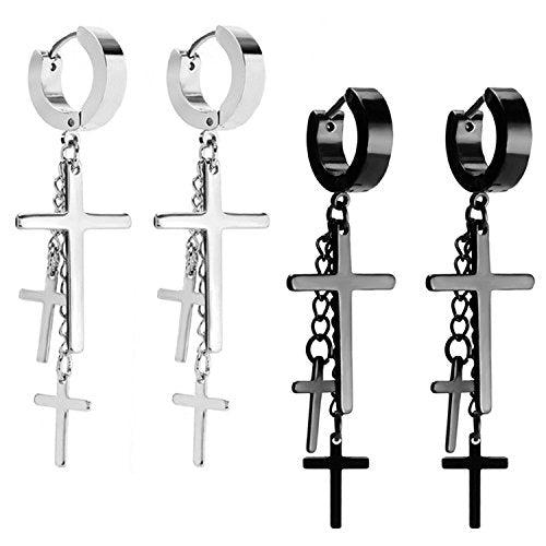 JewelrieShop Cross Tassel Stainless Steel Urban Huggie Hinged Hoop Dangle Earrings - color: 02. 2 Pairs (Steel + Black)