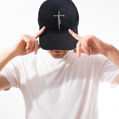 Christian Hats Jesus Cross Embroidered Trucker Hat – Cotton Mesh Cap for Men & Women, Adjustable Snapback, Breathable Design - color: Faith